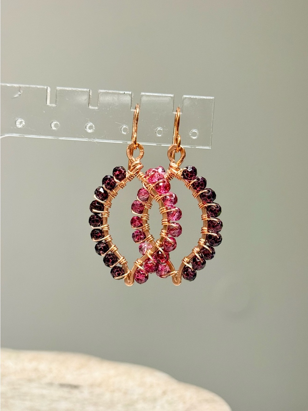 Wire-Wrapped Marquis Hoop Drop Earrings with Burgundy & Watermelon Crystals